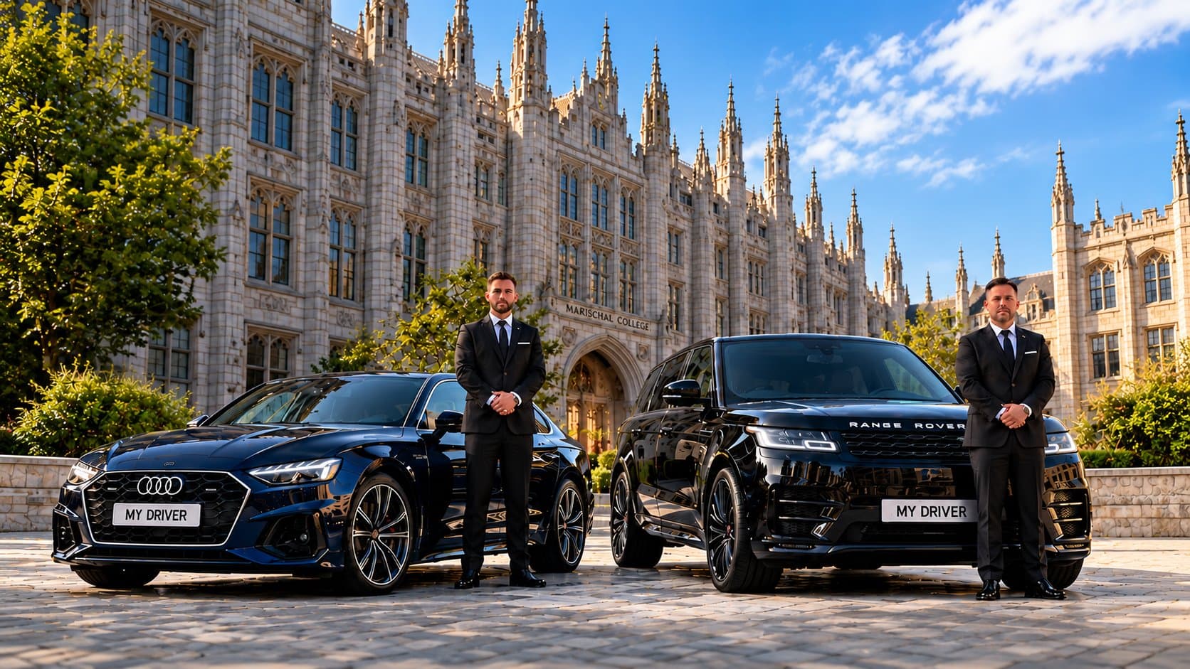 Two professional drivers with a dark Audi and a black Range Rover outside Marischal College in Aberdeen.